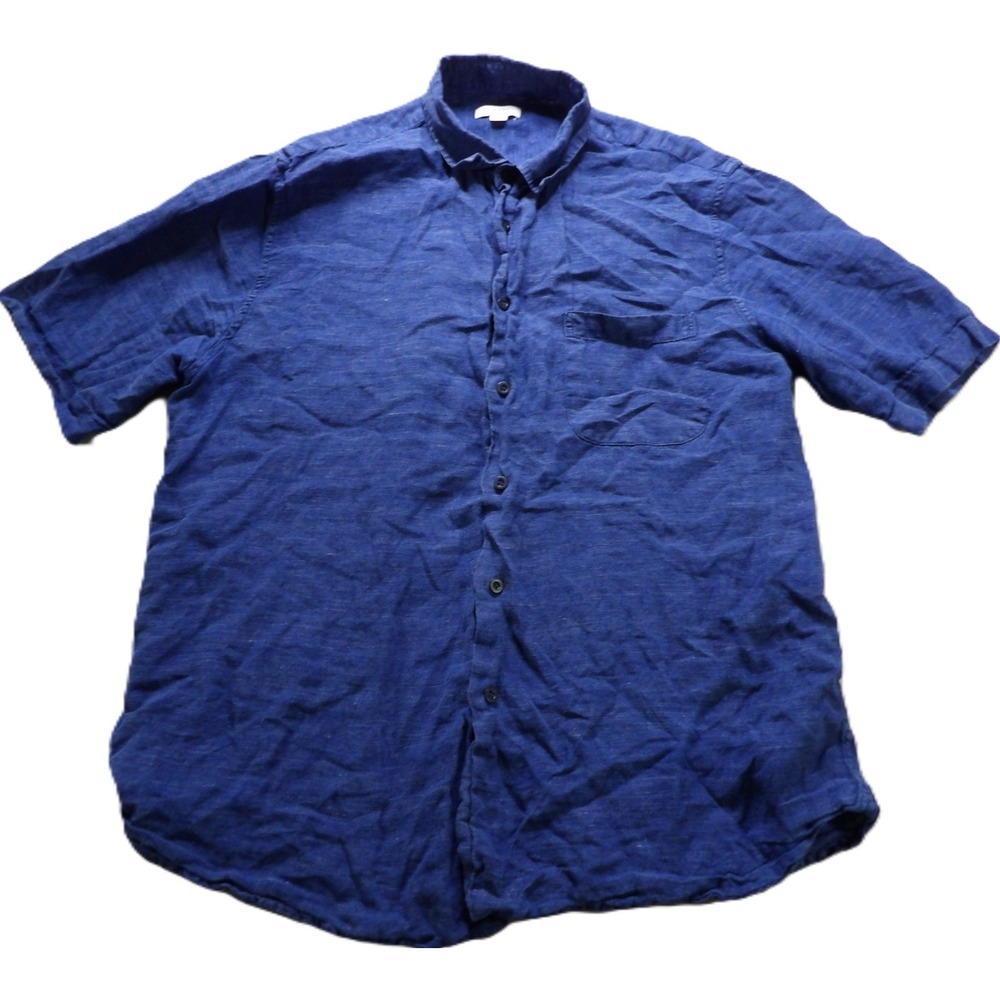 Sunspel Men Short Sleeves Button Down Shirt Blue 100% Linen Regular Fit M Casual
